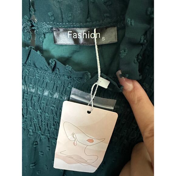 SIMU Women’s Casual Green Dot Texture Blouse, Round Neck Ruffle, Size Small - Picture 5 of 6